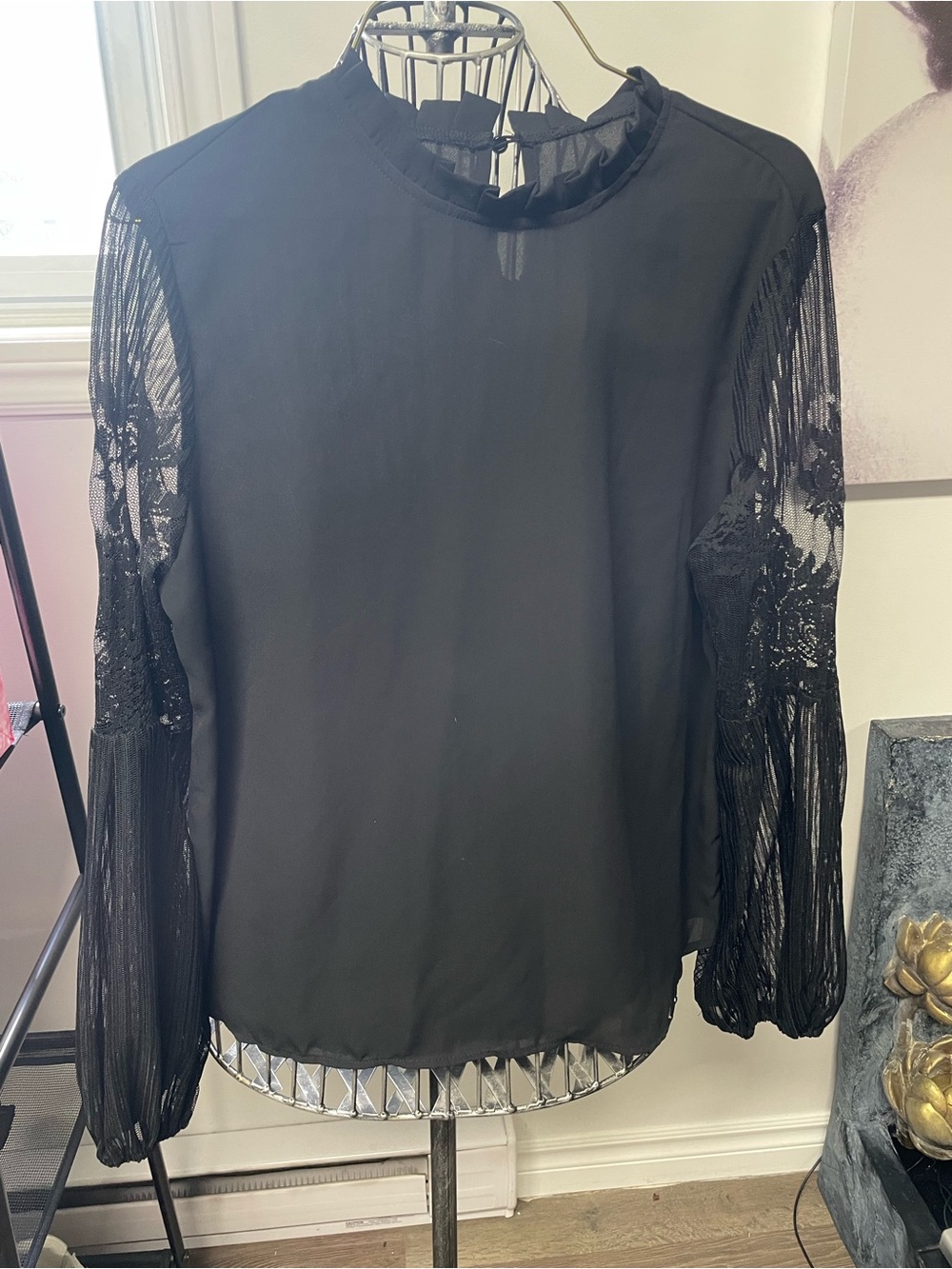 Black Sheer Lace Sleeve Blouse - Elegant Women's Top
